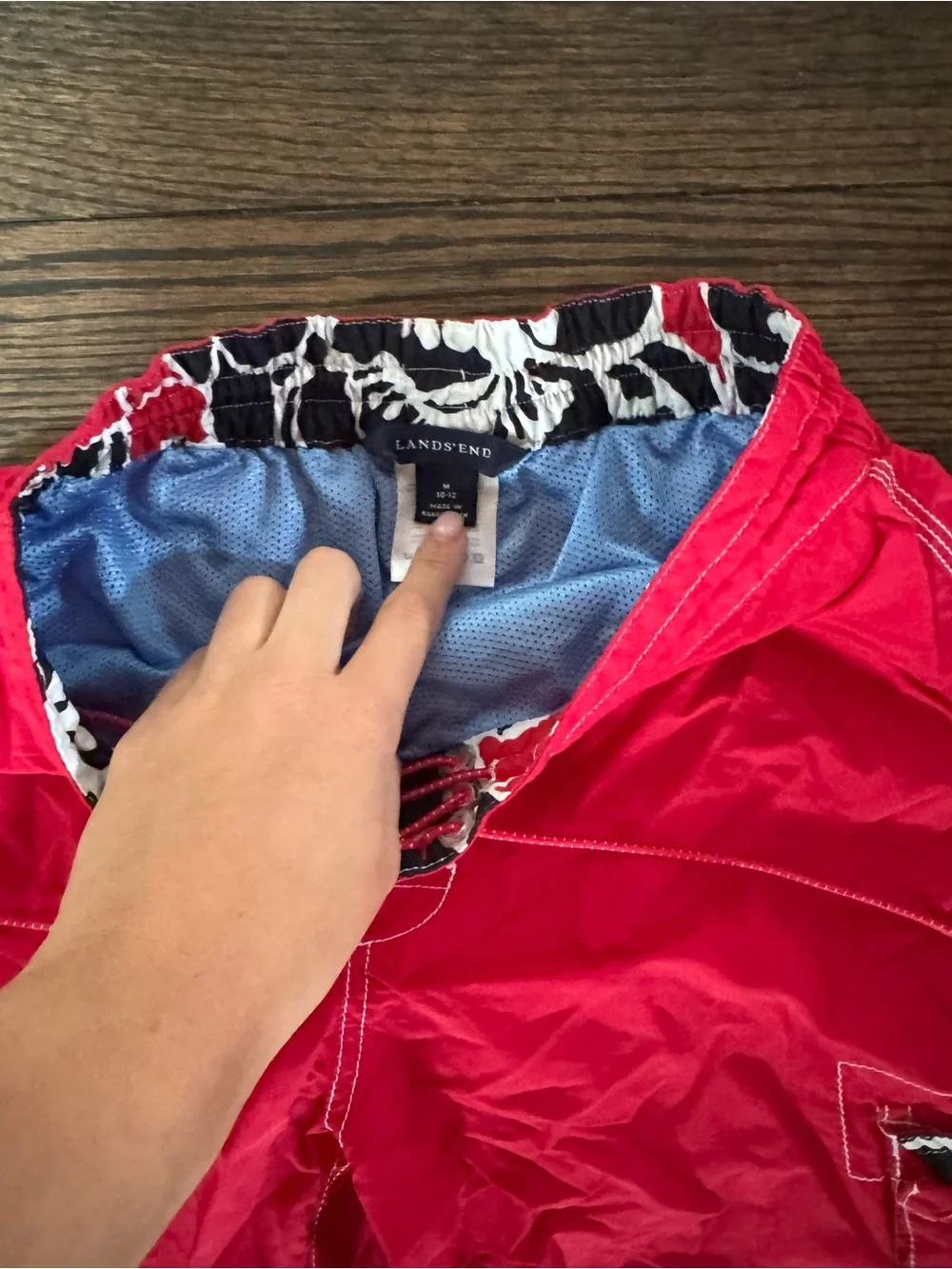Lands' End Red Men's Swim Shorts with Patterned Waistband